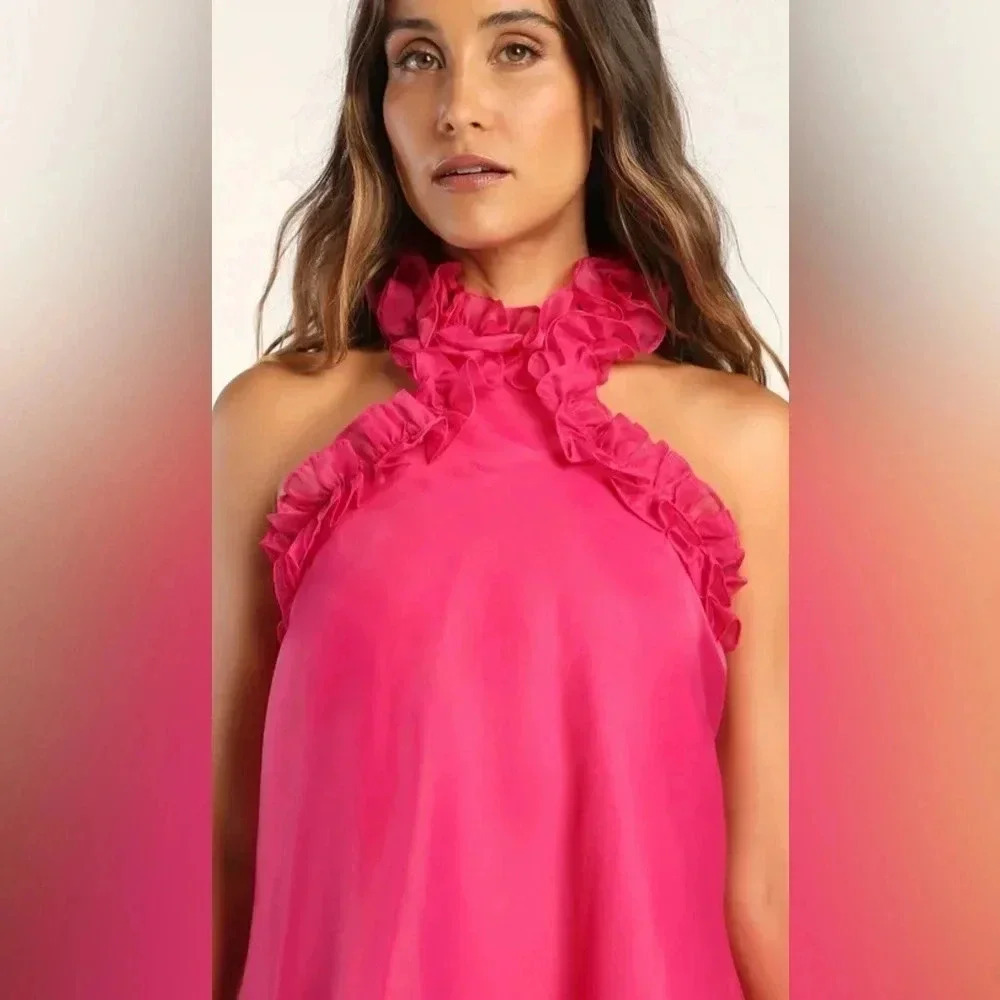 Lulu's Hot Pink Ruffled Halter Prom Dress - Picture 2 of 5